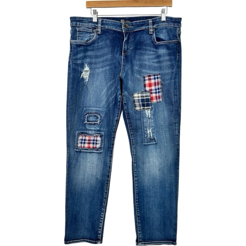 KUT From The Kloth Adele Slouchy Boyfriend Jeans 16 Plaid Patch Distressed